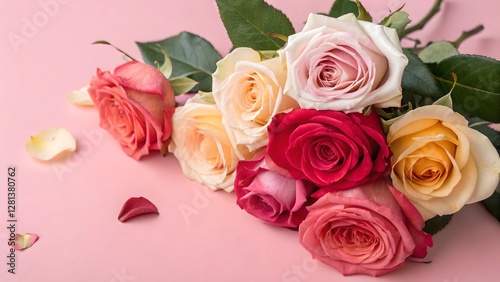 Obraz na płótnie Beautiful Bouquet of Colorful Roses on Pink Background w salonie