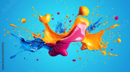 Colorful Paint Splash on Blue Background: Vibrant Colors Create Dynamic Art Scene, Featuring Red, Blue, Yellow, and Pink Paint in Motion for Eye-Catching Effect.