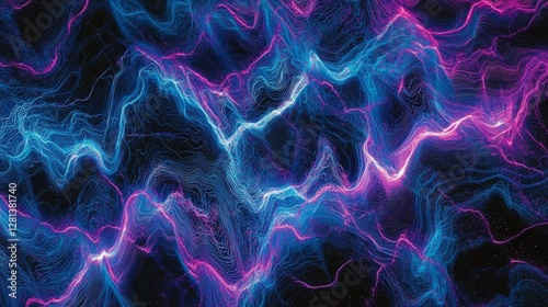 Abstract electric pattern of blue and pink lines. This digital art piece displays a vibrant flow of colors and shapes, creating an energetic and dynamic visual experience.