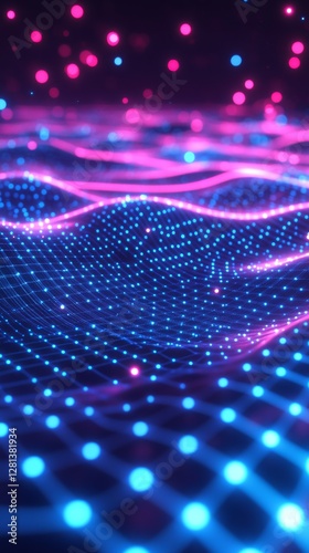 A stunning digital landscape with flowing waves of blue and pink lights. This vibrant image showcases a network of bright dots creating a mesmerizing visual experience.