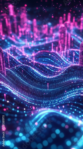 A vibrant wave of lights and colors flows through an abstract digital landscape. The interplay of blue and pink creates a mesmerizing visual experience.