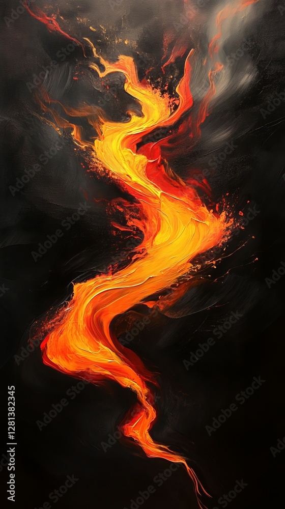 Fototapeta premium A vibrant stream of fiery orange and red flows through a dark background. It captivates with its bold colors and dynamic movement, evoking a sense of energy and passion.