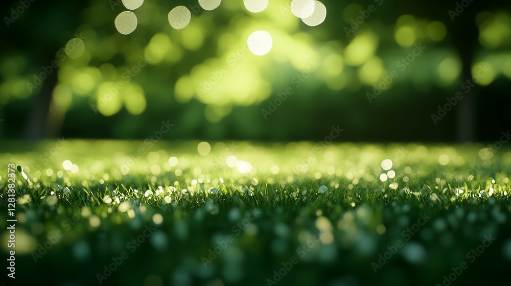 Obraz premium Green grass and trees in park,blurred background,sunlight shining through leaves,nature concept.