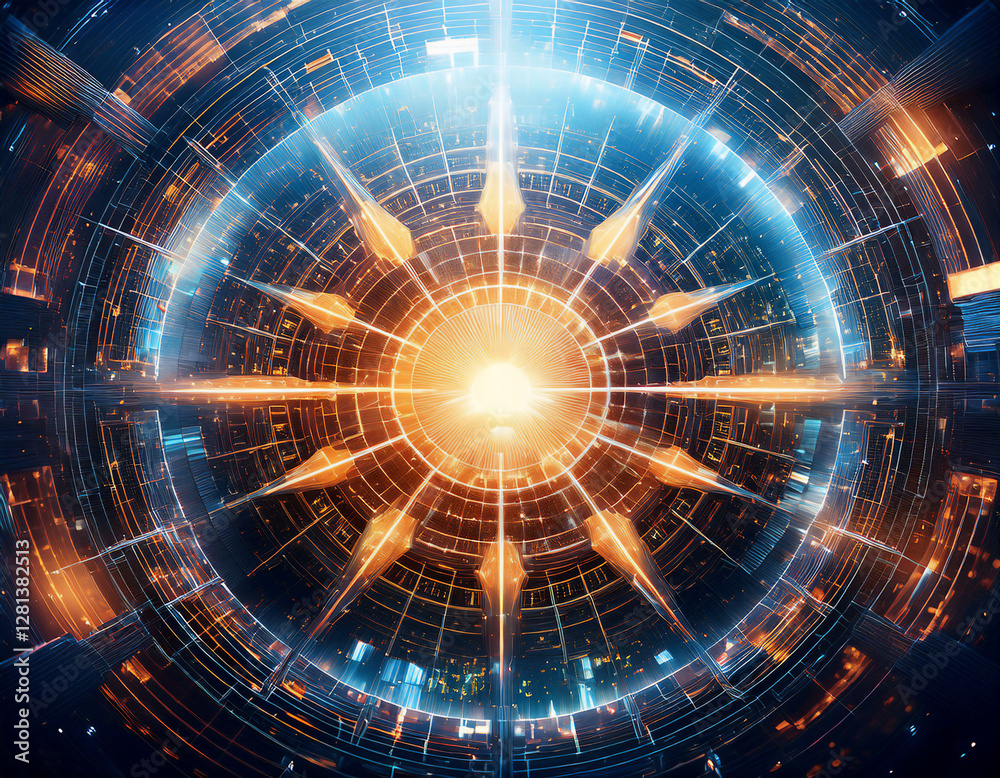 Fototapeta premium 無数の幾何学的な構造物が宇宙空間に広がり、光と影が複雑に交差し万華鏡のように変化する幻想的な円形の都市景観