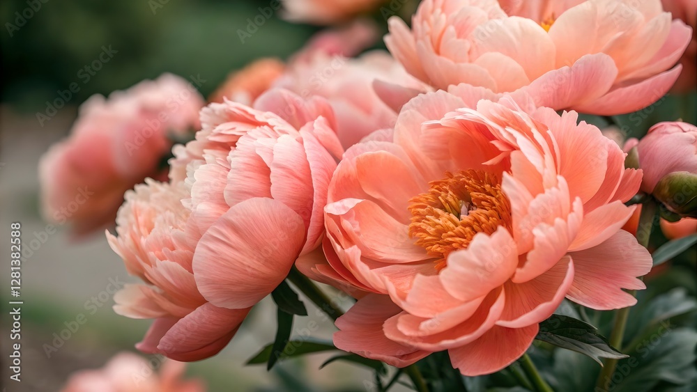 Blooming Coral Peonies Close Up