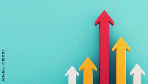 A vibrant graphic featuring colorful arrows pointing upwards against a turquoise background, symbolizing growth and progress.