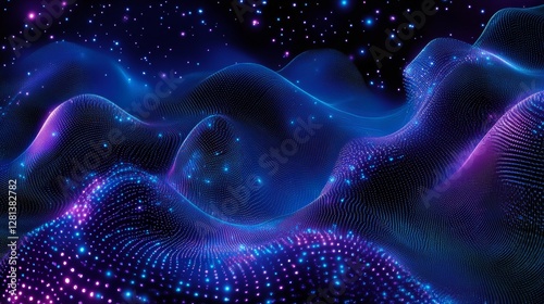 A vibrant cosmic landscape featuring glowing waves and stars. The beautiful scenery captures an ethereal feel with shades of blue, purple, and hints of sparkle. Perfect for digital art.