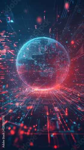 A vibrant digital globe surrounded by glowing lines forms a network of data connections. This futuristic image represents technology and global communication.