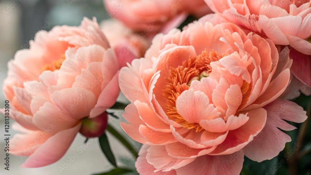 Close Up of Soft Coral Peonies in Bloom