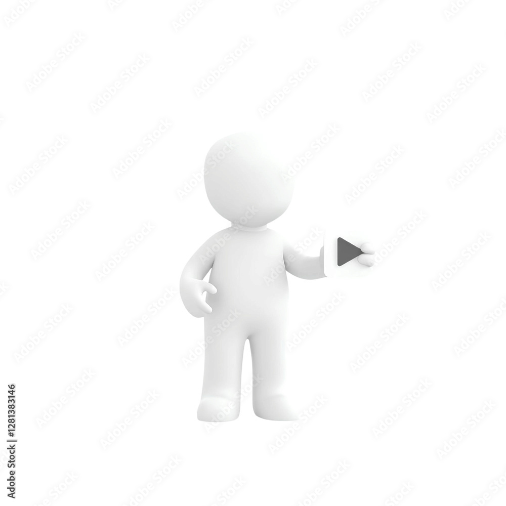 3d illustration of a white faceless figure pointing towards a play button, symbolizing media and video content, high quality png isolated on transparent background 3d illustration of a white faceless figure pointing towards a play button, symbolizing media and video content, high quality png isolated on transparent background