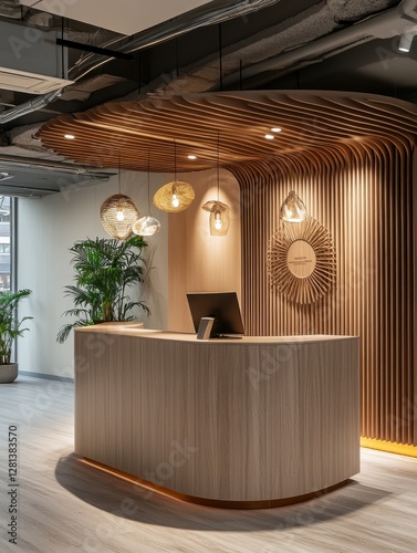 Modern office space features reception desk with unique wood design
