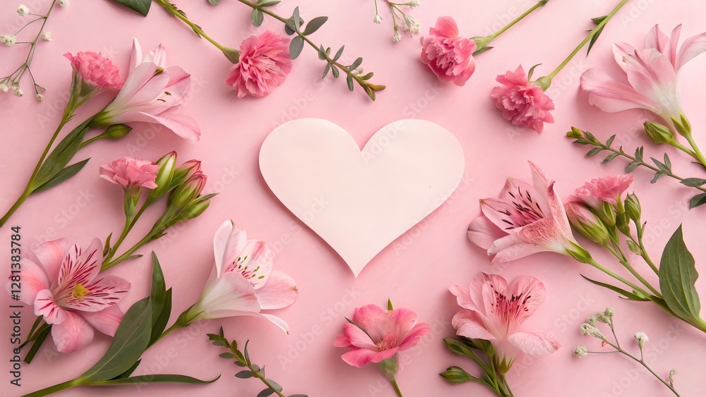 Pink Flowers and Heart Shaped Paper on Pastel Background