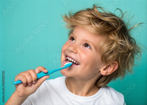 Wallpaper Mural Happy Child Brushing Teeth Against Teal Background Torontodigital.ca