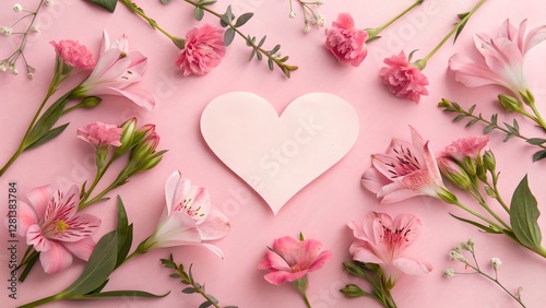 Obraz na płótnie Pink Flowers and Heart Shaped Paper on Pastel Background w salonie