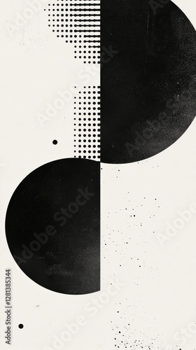 Abstract black and white design featuring geometric shapes with dotted patterns. Bold circles create striking contrasts on a light background.