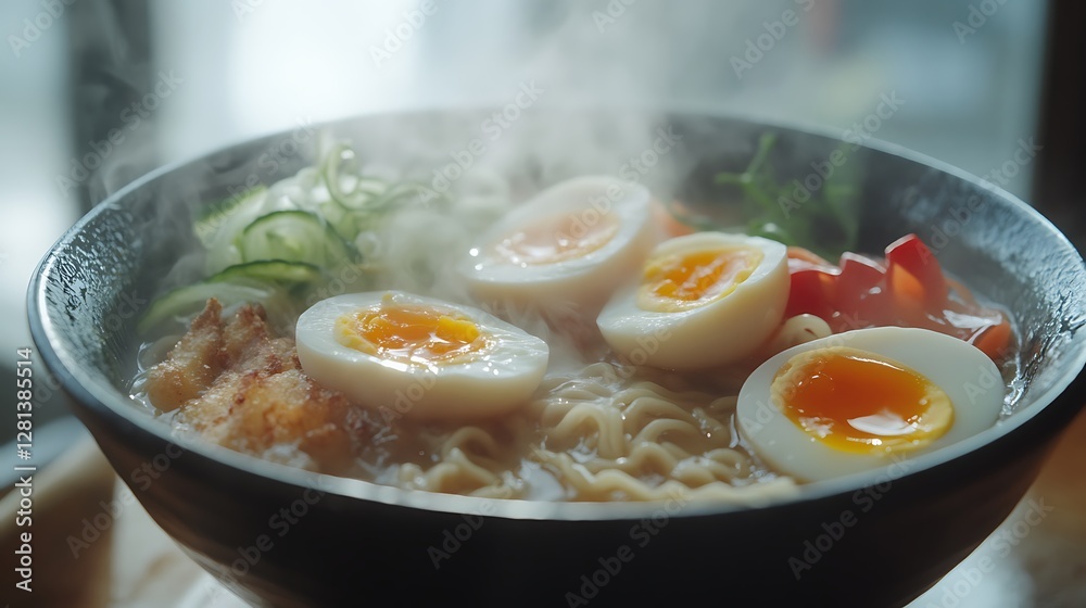 Steaming Bowl Of Ramen Noodles With Soft Boiled Eggs Steaming Bowl Of Ramen Noodles With Soft Boiled Eggs