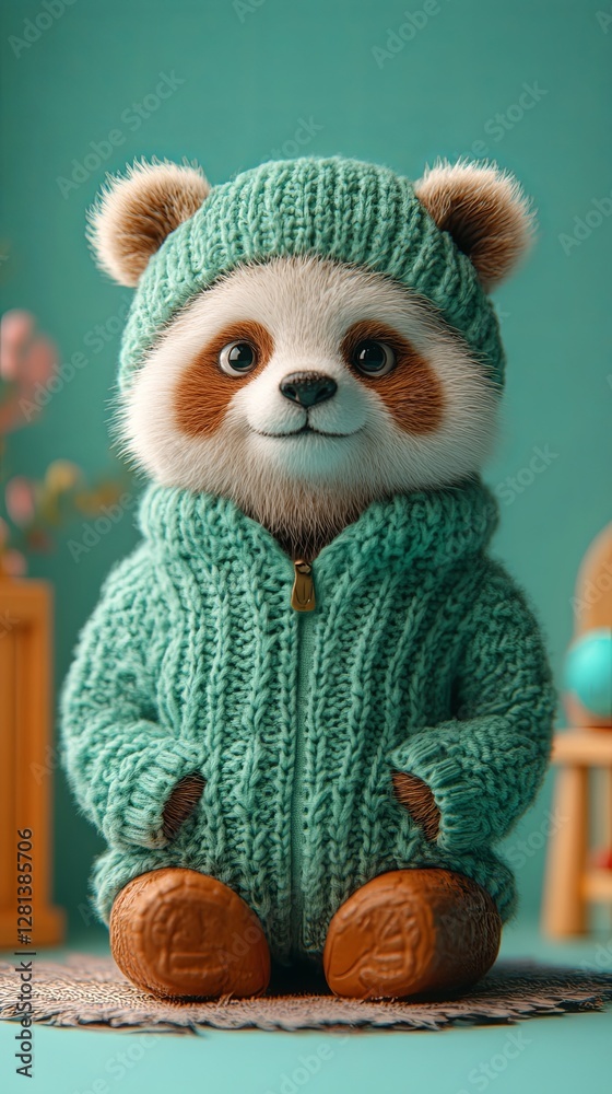 Fototapeta premium Sophisticated Anthropomorphic Characters in Modern Settings Cute Baby Panda in Knitted Hat and Sweater