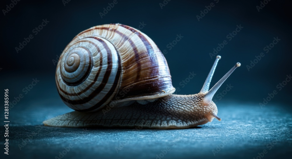 Close-up of garden snail on blue surface with spiral shell details Close-up of garden snail on blue surface with spiral shell details