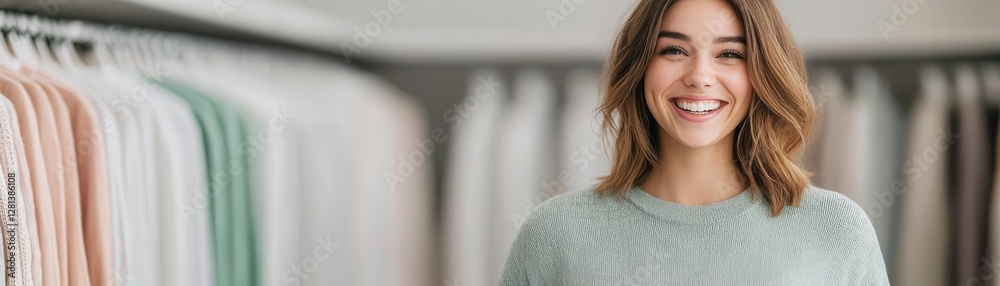 A smiling woman in a cozy sweater stands in front of a rack of colorful clothing, exuding friendliness and style. A smiling woman in a cozy sweater stands in front of a rack of colorful clothing, exuding friendliness and style.