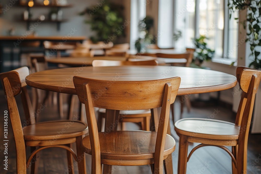 Empty wood tables and chairs in cafe with blurred background, for interior design use Empty wood tables and chairs in cafe with blurred background, for interior design use