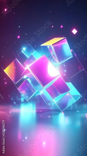 Vibrant Neon Cubes in Motion: A Bright and Colorful Abstract Scene with Glowing Lights and Reflective Surfaces. Explore the Beauty of Modern Digital Art.