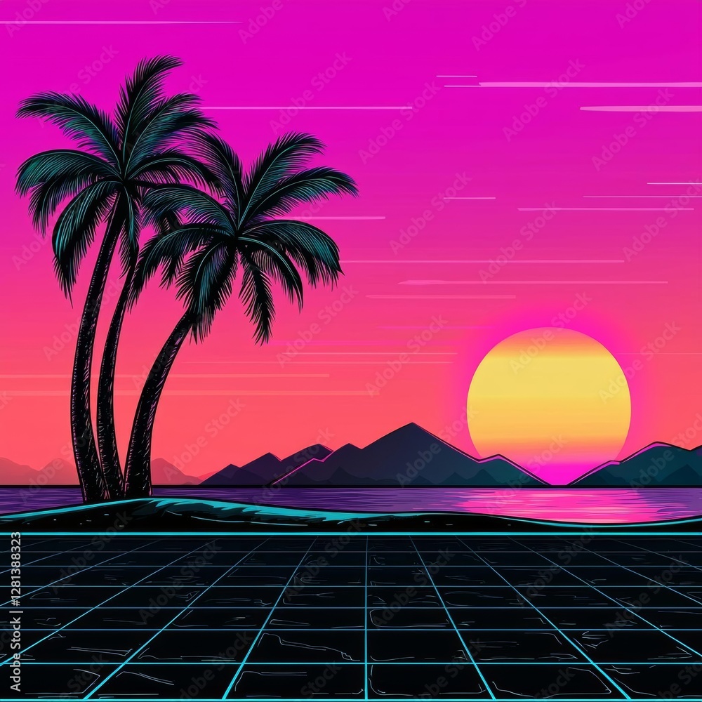 Naklejka premium minimal photostock of a beautiful sunrise view with view of palm trees and mountains retro neon color , isolated on white background, , copy space, copy space for text,