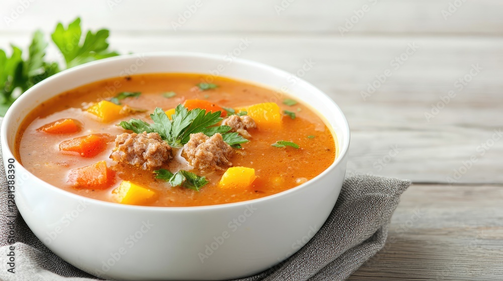 Hearty vegetable soup in bowl, wooden background, food photography, recipe website Hearty vegetable soup in bowl, wooden background, food photography, recipe website
