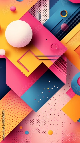 Colorful abstract design with geometric shapes and bold patterns. A vibrant mix of pink, blue, yellow, and white creates a modern artistic vibe. Perfect for creative projects.