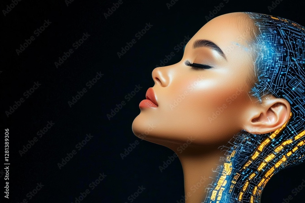 minimal photostock of a  Generative ai collage of female humanoid robot invention on dark black background , isolated on white background,  , copy space, copy space for text,