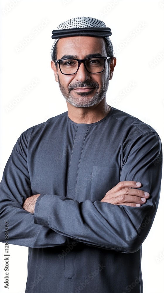 Professional portrait of a confident Middle Eastern businessman wearing traditional grey dishdasha and keffiyeh headdress, standing with arms crossed against white background. Professional portrait of a confident Middle Eastern businessman wearing traditional grey dishdasha and keffiyeh headdress, standing with arms crossed against white background.
