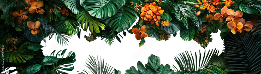 Fototapeta premium Vibrant tropical leaves and flowers on a black background.