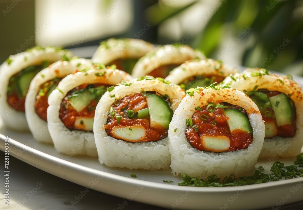 Freshly Made Sushi Rolls with Spicy Sauce and Crunchy Vegetables Perfect for Japanese Cuisine Lovers and Food Photography Enthusiasts Freshly Made Sushi Rolls with Spicy Sauce and Crunchy Vegetables Perfect for Japanese Cuisine Lovers and Food Photography Enthusiasts
