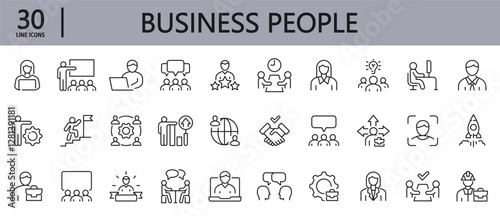 Business People line icons set with Entrepreneur, Teamwork, Meeting, Collaboration, Success, Leadership, Office, Strategy and more. Editable StrokeCORRECT