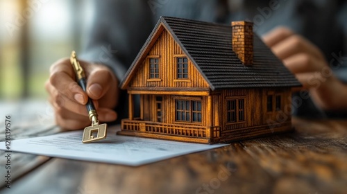 A person signing a document with a wooden house model and a key on a rustic table