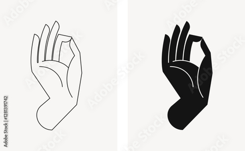 Hand of Buddha. Buddhism symbol, Yoga mudra, Hinduism, Spirituality. Black and white illustration