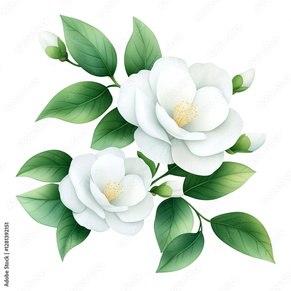 Fototapeta premium White magnolia flowers with vibrant green leaves, isolated.