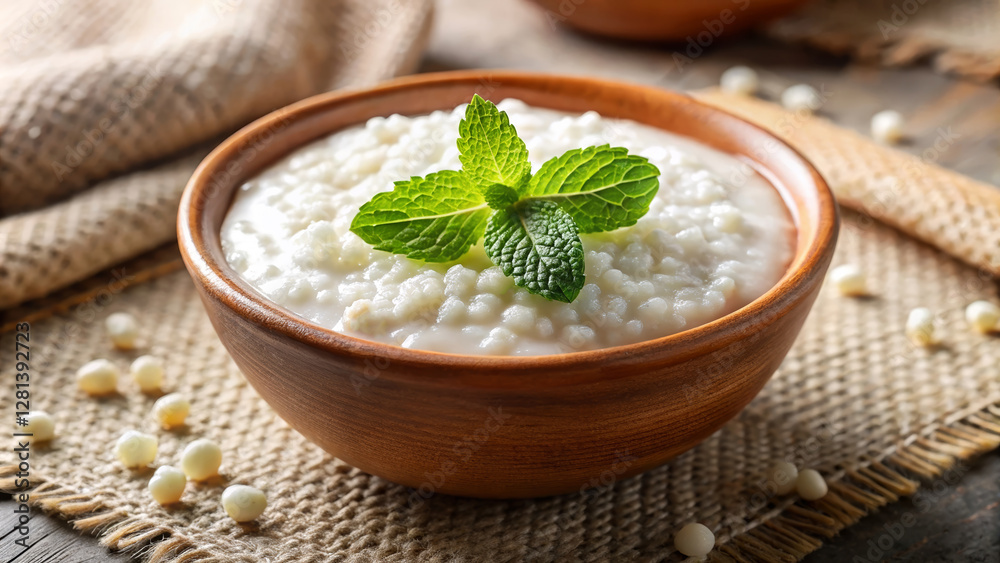 Tapioca served in a wooden bowl, garnished with fresh mint leaves on a rustic fabric background Tapioca served in a wooden bowl, garnished with fresh mint leaves on a rustic fabric background