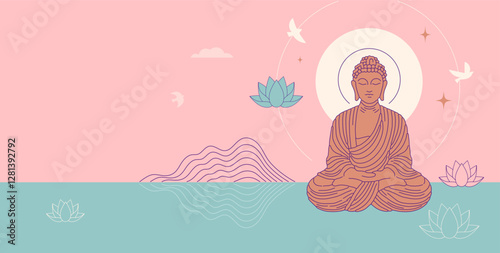 Buddha Purnima, Vesak Day concept design with Buddha and lotus illustration, abstract background, banner, poster and flyer