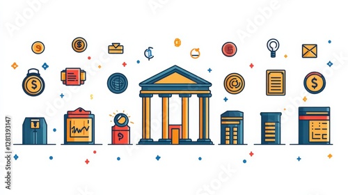 Illustrative graphic of a bank with various financial icons and symbols representing economy