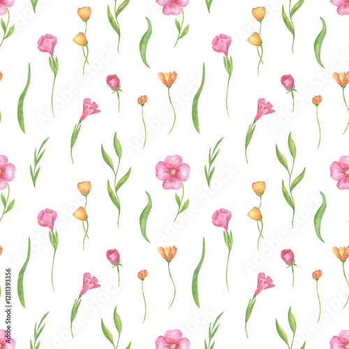 Watercolor seamless floral pattern with delicate summer, spring violets, pink and yellow flowers. Botanical design of meadow grasses for textiles, fabrics, and rustic wallpaper.