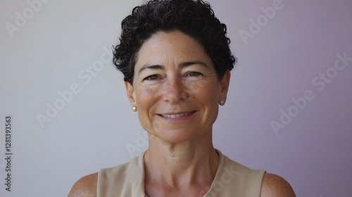 Portrait of a Smiling Middle Aged Woman with Short Curly Hair