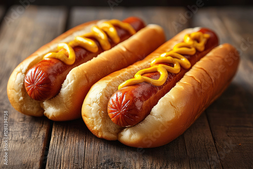 two classic hot dogs served on a wooden surface. Each sausage inside a soft bun has an appetizing golden crust and is covered with a wavy strip of mustard. 