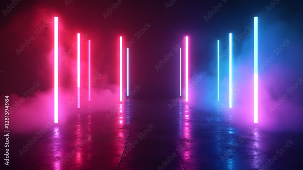 Surreal and mesmerizing scene of a futuristic architectural corridor bathed in vibrant glowing neon lights that are reflected in the shimmering water surface below Surreal and mesmerizing scene of a futuristic architectural corridor bathed in vibrant glowing neon lights that are reflected in the shimmering water surface below