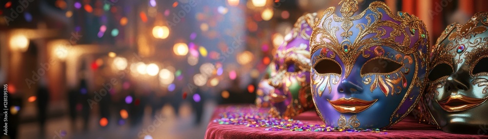 Fototapeta premium Colorful masquerade masks are displayed on a table, capturing the festive atmosphere of a vibrant celebration with blurred background lights.