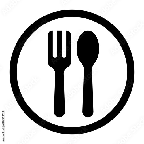 restaurant or dining icon featuring a fork and spoon inside a circular outline symbolizing food meals or eateries.