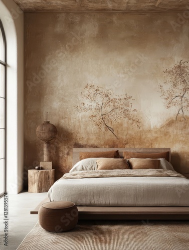 A minimalist bedroom featuring neutral toned furnishings and a tree mural
