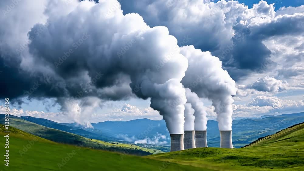 Nuclear power plant cooling towers emitting steam in scenic green landscape. Nuclear power plant cooling towers emitting steam in scenic green landscape.