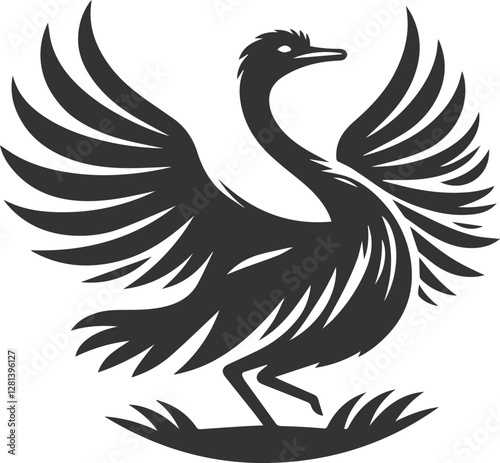 Ostrich stretching its wings backward animal silhouette vector