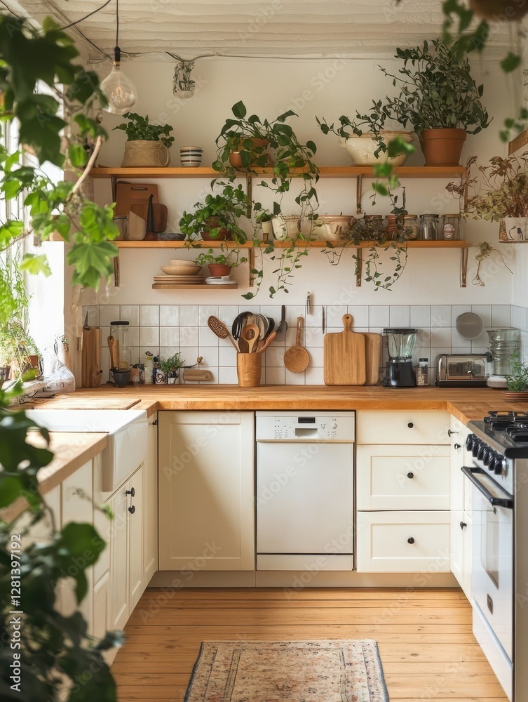 Fototapeta premium A bright sunny kitchen filled with many different houseplants and decor