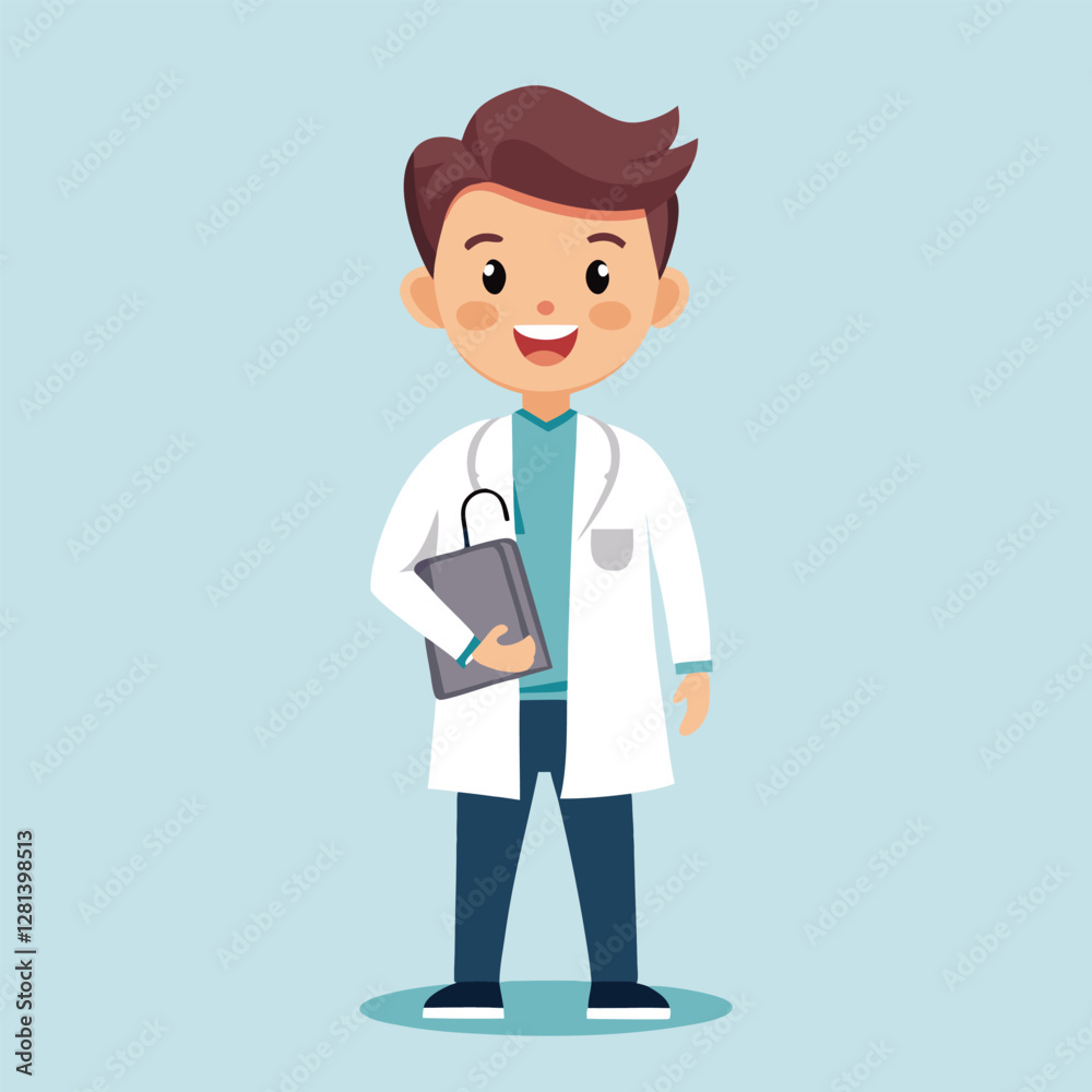 Friendly doctor character holding stethoscope and medical records. Friendly doctor character holding stethoscope and medical records.